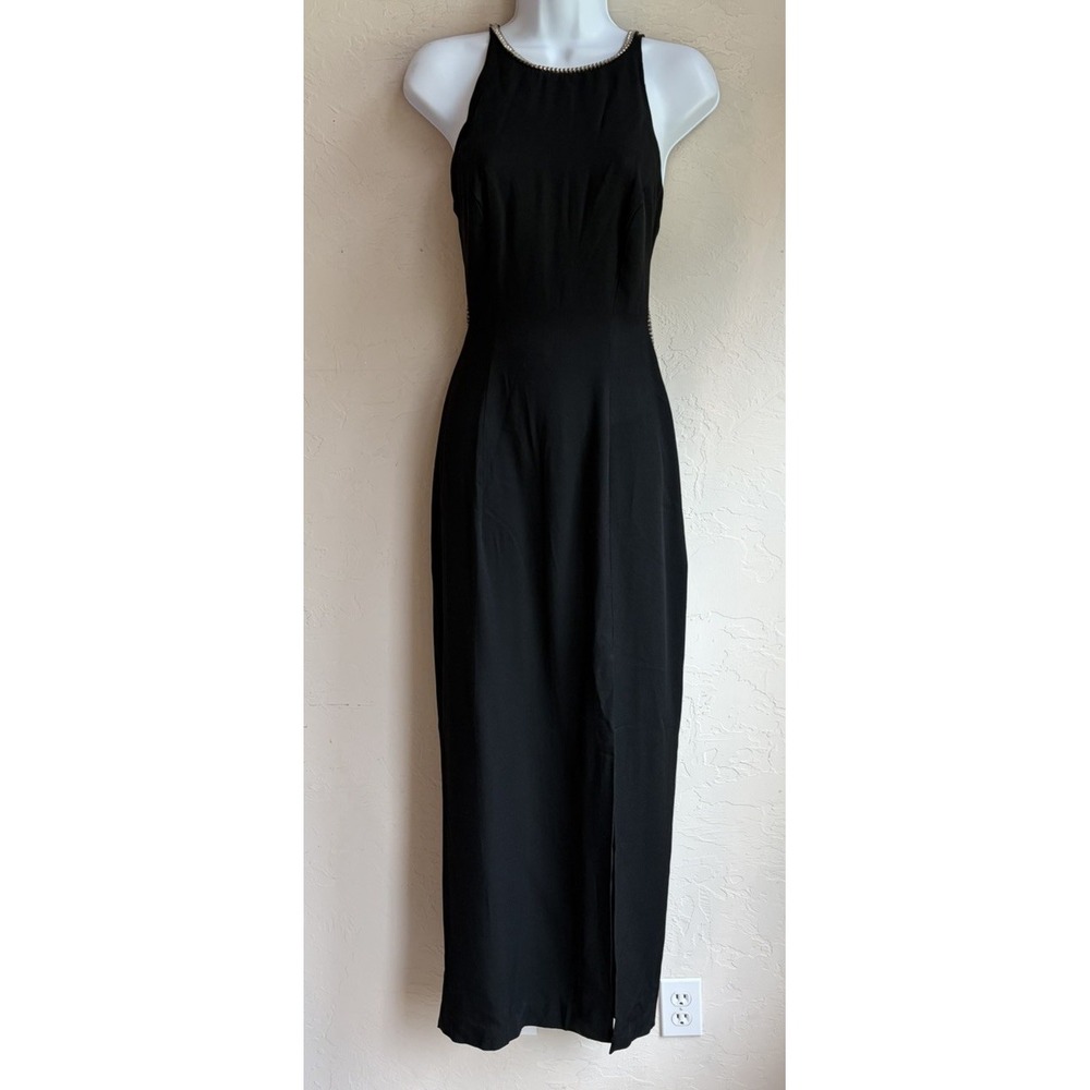 Vintage 90s Dave & Johnny Black Rhinestone Open Back Maxi Dress 8 Formal Party